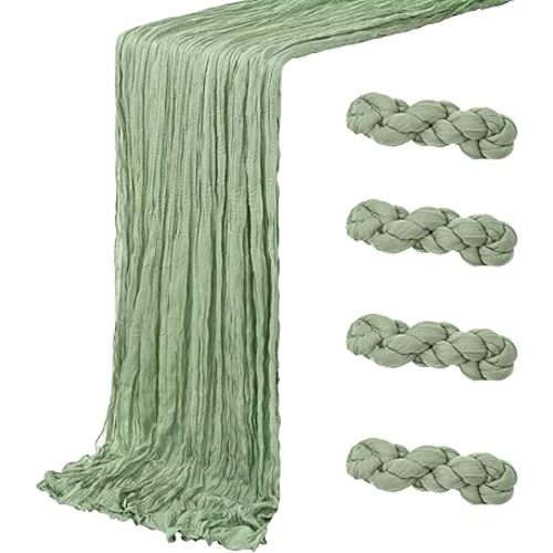 4 Pack Sage Green Cheesecloth Table Runner 20 x 120 inch Gauze Table Runners 10 FT Long,Semi Sheer Boho Cheese Cloth Fabric Table Runner Bulk for Wedding,Party,Baby Shower,Bridal Shower Decoration