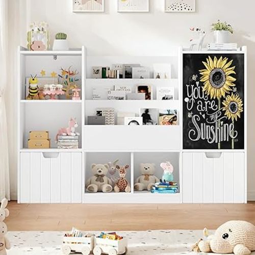 FINETONES Toy Storage Organizer, 55.1” Large Toy Organizer and Storage with Chalkboard, Kids Bookshelf and Bookcase with 2 Movable Drawers and 6 Storage Cubbies, Toy Chest Organizer with Blackboard