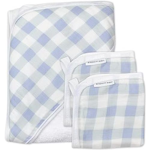HonestBaby 3-Piece Organic Cotton Hooded Towel & Washcloth Set, Blue Painted Buffalo Check, One Size