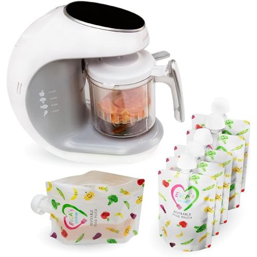 EVLA'S Baby Food Maker, Steamer, Blender, Baby Food Processor for Healthy Homemade Baby Food in Minutes, Touch Screen with 6 Reusable Food Pouches, Baby Registry Essential, White