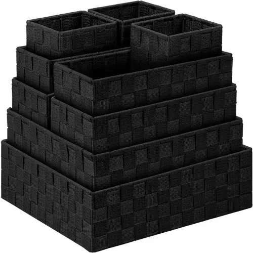 Woven Baskets for Storage (Set of 9), Storage Baskets for Organizing, Baskets Cube Bin Container Baskets Storage Boxes Organizers for Drawer, Shelves, Closet, Bathroom (9 Piece - Black)