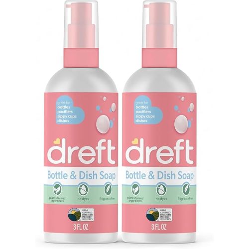 Dreft Bottle and Dish Soap | Made to Clean Baby Bottles, Sippy Cups, Pacifiers, Breast Pumps, & More | Gently Removes Milk Film & Odors | Plant Based, Fragrance Free Dish Soap | 3 Fl Oz (Pack of 2)