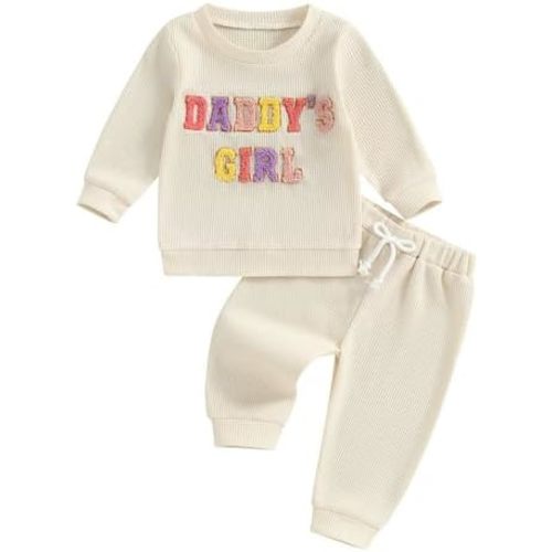 NZNDSHD Daddys Girls Baby Clothes Waffle Knit Mamas Girl Letter Embroidered Long Sleeve Sweatshirt Pants Set Fall Outfit