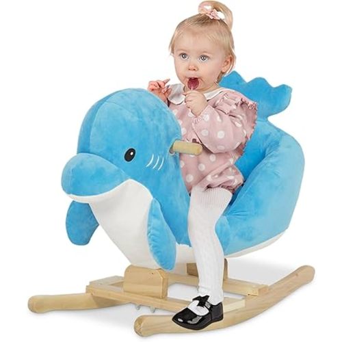 Kinsuite Rocking Horse Rocker - Animals Ride-On Toy, Plush Wooden Rocker with Nursery Rhyme Seat Belts, Dolphin