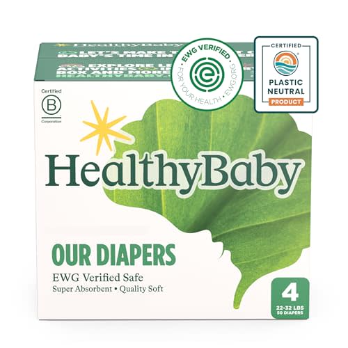HealthyBaby Our Diapers | EWG Verified Safe & Plant-Based Diapers | Absorbent for Leak Protection | Soft Organic Cotton Shell | Chlorine-Free Diaper for Sensitive Skin | Size 4 (50 Diapers)