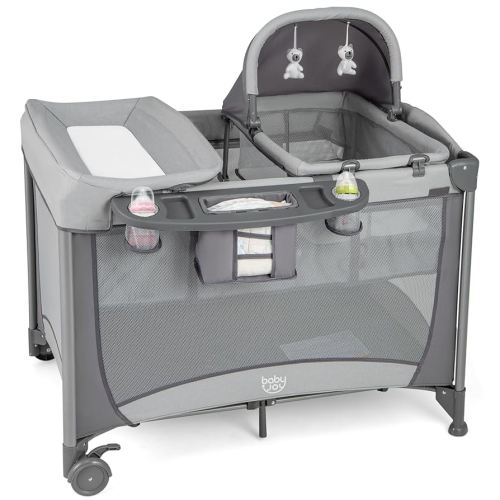 BABY JOY 4 in 1 Pack and Play, Portable Baby Playard with Bassinet & Diaper Changing Table, Infant Bassinet Baby Crib Activity Center with Toys & Oxford Bag from Newborn to Toddlers (Grey, Classic)