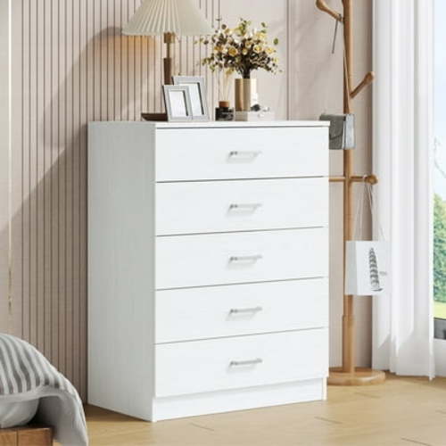 UHOMEPRO White 5 Drawer Dresser, Chest of Drawers for Bedroom, Modern Storage Cabinet Dresser Organizer Unit with Handle for Living Room, Closet, Hallway
