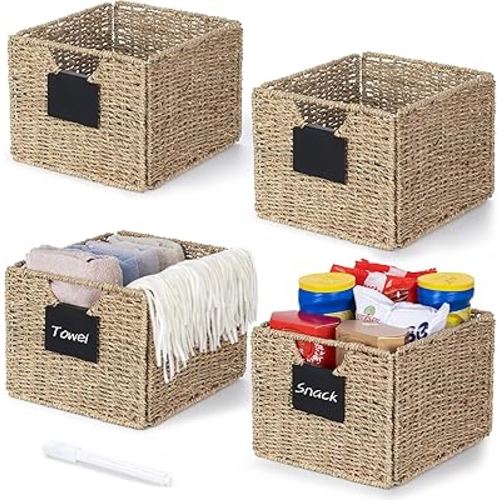 Seagrass Storage Baskets with Labels, 10.5x9x7.5in Wicker Storage Basket, Storage Baskets for Shelves, Pantry Baskets Organization,Kitchen Bathroom Shelves Storage Basket (4 Pack)