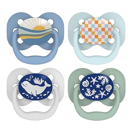 Dr. Brown's Advantage Glow-in-the-Dark Baby Pacifier, Fully Symmetrical Soother with Soft Silicone Bulb, 0-6m, BPA Free, Blue Sunrise and Blue Ocean, 4 Pack (Style May Vary)