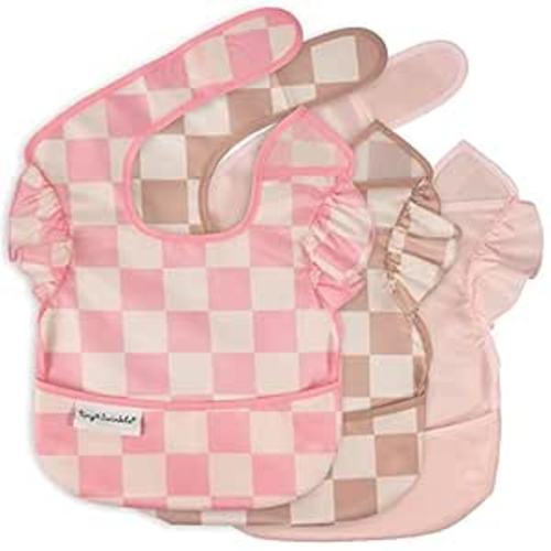 Tiny Twinkle Mess-Proof Baby Bibs for Eating | Waterproof, Wipeable Toddler Bibs with Catch-All Pocket | Feeding Bibs for Girls & Boys(3 Pack,Checkers Girl)