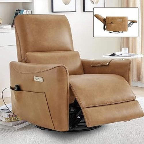 Swivel Glider Rocking Recliner, Power Recliner Chairs with Massage & Lumbar Support, Upholstered Faux Leather Reclining Sofa Chair for Living Room & Nursery (Brown)