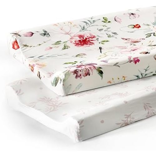 Stretch Ultra Soft Jersey Knit Changing Pad Cover Set 2 Pack, Change Table Pad Covers Fit 32"/34" x 16" Pads Safe and Snug, Pretty Flowers and Insects Pattern for Baby Girls