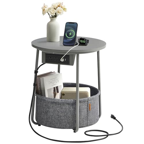 VASAGLE Side Table with Charging Station, Round End Table With Fabric Basket, Nightstand with Power Outlets USB Ports, for Living Room, Bedroom, Modern, Dove Gray and Slate Gray ULET228G01