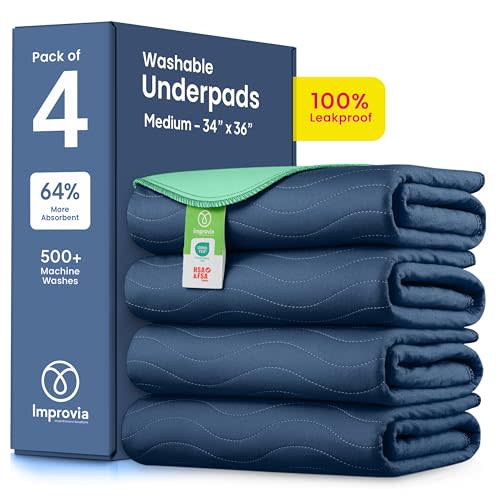 IMPROVIA® Washable Underpads 34" x 36" Pack of 4 Heavy Absorbency Reusable Bedwetting Incontinence Pads for Adults, Kids, & Pets - Waterproof Protective Pad for Bed, Couch, Sofa, Floor (Navy & Green)