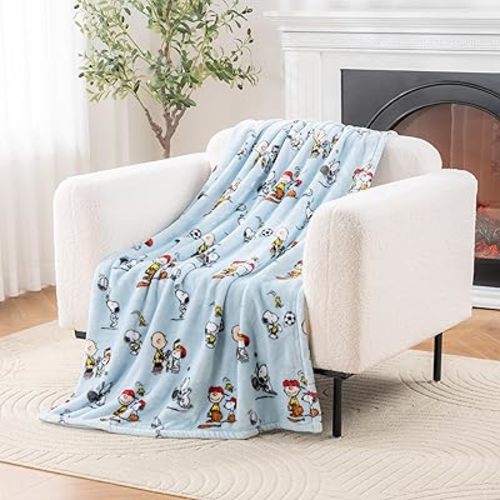 Berkshire Blanket Peanuts® VelvetLoft® Cute Character Snoopy Plush Throw Blanket,Snoopy The Athlete Closed in Blue,Throw 55 in x 70 in (Official Peanuts® Product)