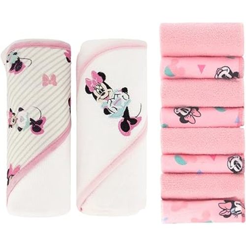 Disney Hooded Baby Towel and Baby Washcloths | Nursery Character Baby Towels and Washcloths | 2 Baby Bath Towels and 8 Washcloths for Baby Girls or Boys