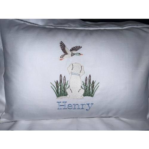 Personalized Cotton Baby Pillow: Embroidered Yellow Lab & Mallard