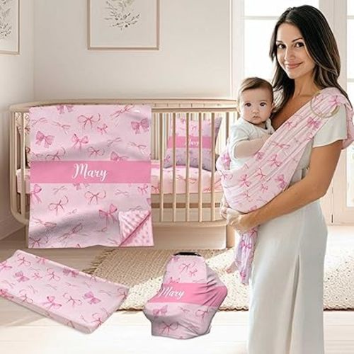 Custom Name Baby Crib Bedding Sets for Baby Girls, 3 Piece Personalized Pink Bows Baby Crib Set, Minky Dot Blanket, Fitted Sheet, Baby Changing Pad Cover, Nursery Bedding Set for Infant Toddler