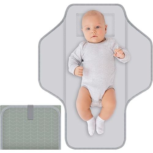 Baby Portable Diaper Changing Pad, Foldable Travel Diapering Changing Mat with Built-in Pillow, Waterproof Compact Changing Pad for Newborn Baby Changing Station, Infant Gift(Gray Stripe)