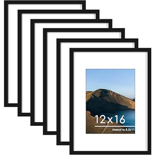 PEALSN 12x16 Picture Frame Set of 6, Display Pictures 8.5 x 11 with Mat or 12 x 16 Without Mat for Wall Mounting Display, Photo Frames Collage for Wall Decor, Black.
