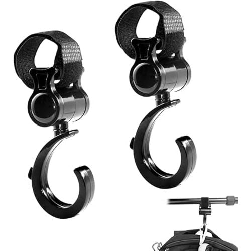 2 PCS Walker Hook Hanging, 360° Rotation Multipurpose Stroller Hooks for Hanging Diaper Bags, Baby Stroller Wheelchair Hanger Clip Accessories, for Walker, Shopping Cart, Car Back Seat