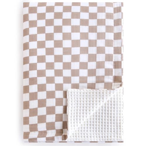 LifeTree Waffle Baby Blankets Neutral, Muslin Checkered Swaddle Blankets for Boys Girls, 2 Layers Crib Stroller Blanket Receiving Blankets with Muslin Front and Waffle Backing Infant Newborn