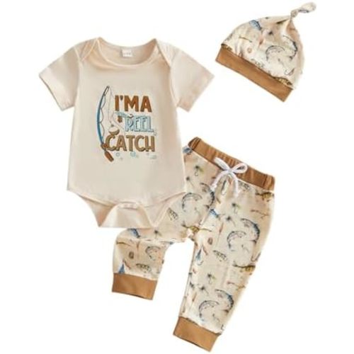 Newborn Baby Boy Clothes Fishing Short Sleeve Romper Shirt Tops Pants Summer Spring Outfits Cute Hat Set