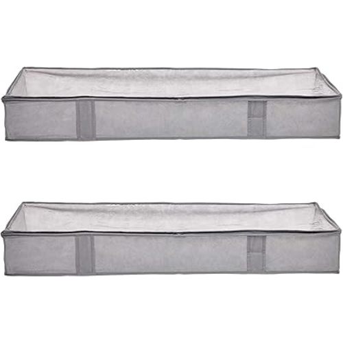 Amazon Basics Under Bed Fabric Zipper Blanket Storage Container Bags with Window and Handles, 2-Pack, 18 x 42 x 6 inches, Gray