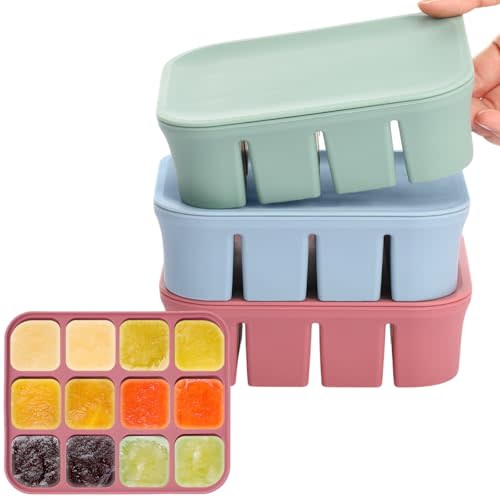 Mimorou 3 Pack Baby Food Freezer Tray with Lids 2.8 oz x 12 Cups Silicone Baby Food Storage Container Ice Cube Freezer Molds for Homemade Vegetable Fruit Purees Snack(12 Cups,Green, Blue, Red)