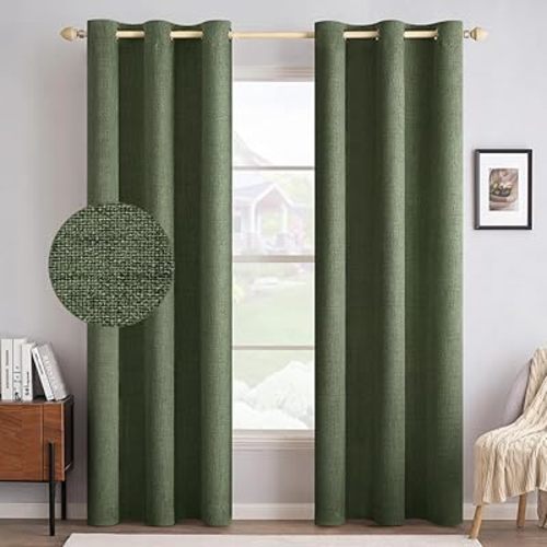 MIULEE 100% Blackout Linen Textured Curtains for Bedroom Solid Thermal Insulated Olive Green Grommet Room Darkening Curtains & Drapes Luxury Decor for Living Room Nursery 42 x 90 Inch (2 Panels)
