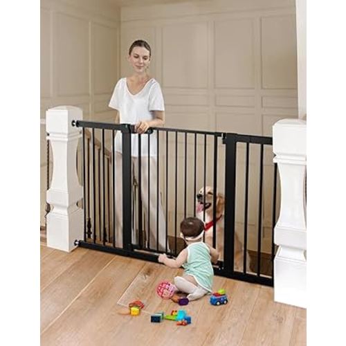 COMOMY 30" Tall Baby Gate for Stairs Doorways, Fits Openings 29.5" to 51.6" Wide, Auto Close Extra Wide Dog Gate for House, Pressure Mounted Easy Walk Through Pet Gate with Door, Black