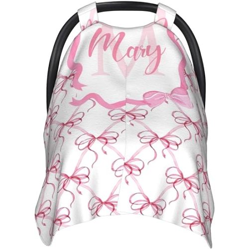 Custom Baby Car Seat Canopy for Babies with Name, Personalized Pink Bow Baby Car Seats Covers for Girls, Opening Minky Nursing Breastfeeding Cover for Infant, Carseat Canopies for Newborn