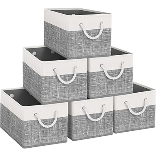 Fab Totes Foldable Storage Baskets - 6-Pack, Organize Toys, Books, Shelves, Closet - Large Storage Box with Rope Handles, Sturdy White & Grey Bins