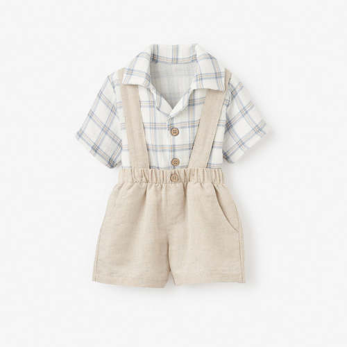 Plaid Organic Muslin Top & Linen Suspender Shorts MULTI / 3-6M