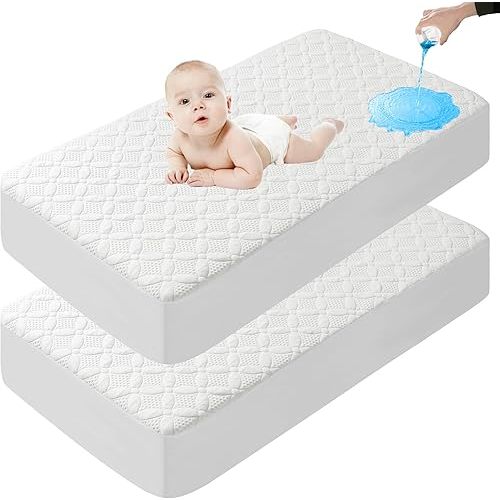 Lunsing 2 Pack Crib Mattress Protector, Soft Breathable Waterproof Crib Mattress Pad Cover, 4-13 in Deep Pockets, 28" x 54", White