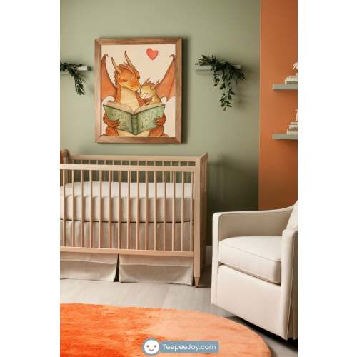 Dragon Wall Art for Nursery, Playroom or Kids Bedrooms - Sweet Dragon Parent and Baby Reading Together - Scaled Tales