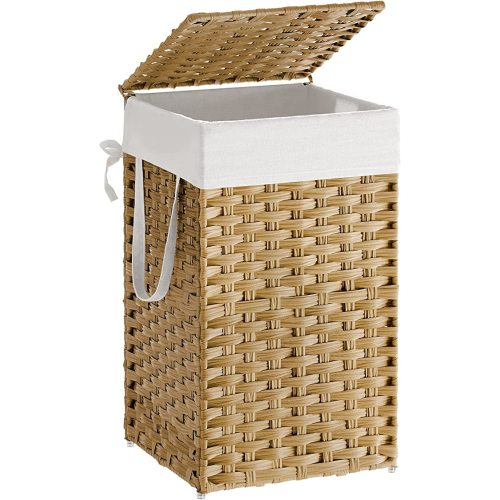 SONGMICS Laundry Hamper with Lid, 17.2 Gallon (65L) Synthetic Rattan Clothes Laundry Basket with Lid and Handles, Foldable, Removable Liner, Natural ULCB165N01