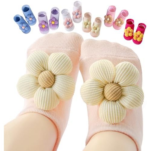 Baby Toddler Girl Socks 6 Pairs Non Slip,Newborn Grip Flower Cotton Ankle Cute Socks for Babies Girl 0M-3Years