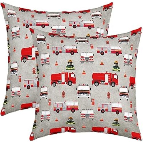 Feelyou Fire Truck Throw Pillow Covers 18"x18" Set of 2 Soft Firefighter Cushion Covers Pillow Cases for Couch Sofa Bedroom Car Reversible Cartoon Car Firemen Car Vehicle Decorative Throw Pillowcases