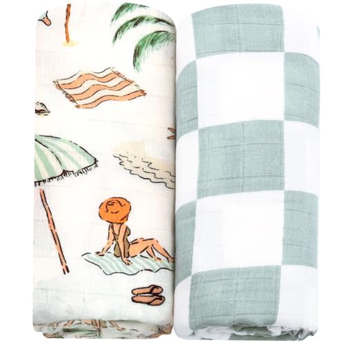LifeTree Muslin Swaddle Blankets Neutral, Baby Swaddling Wrap Nursery Blanket for Boys & Girls Neutral, Soft 70% Viscose from Bamboo and 30% Cotton, Large 47 x 47 inches, Sandy Beach & Checkered