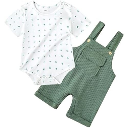 CARETOO Newborn Baby Boy Clothes Infant Boy Romper Fall Winter Outfits Bodysuit 2Pcs Striped Long Sleeve Top Overalls 0-18M