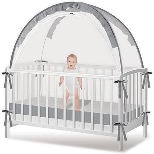 Crib Tent - Crib Net to Keep Baby in, Stop Baby from Climbing Out of Crib, Pop Up Baby Crib Tent with Double Zip Strong Rods and Breathable Net Clear Visibility Easy to Install (Grey, Large)