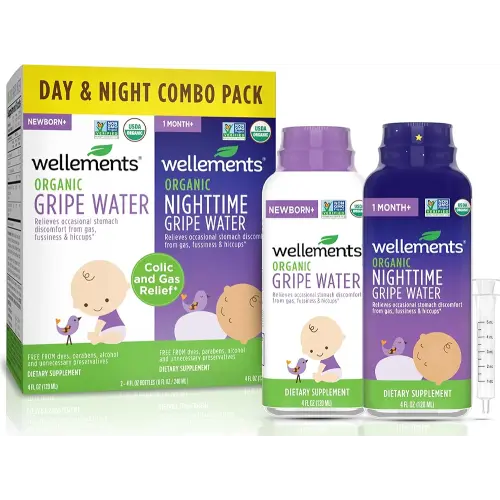 Wellements Organic Gripe Water for Babies Day & Night Combo Pack (4 Fl Oz) - Infant Gripe Water Newborn Calms Occasional Stomach Discomfort from Baby Gas, Colic, Hiccups & Fussiness - USDA Certified