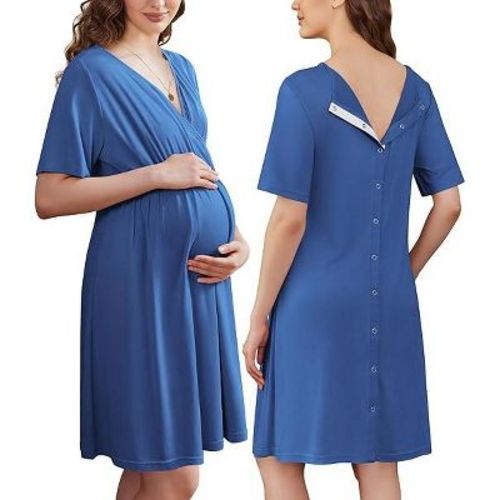Ekouaer Labor and Delivery Gown for Hospital Short Sleeve Maternity Nursing Dress Nightgown with Button Grey Blue XXL