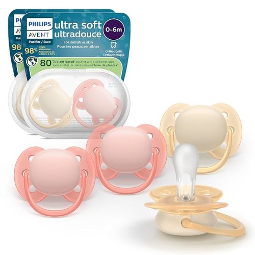 Philips Avent Ultra Soft Pacifiers - Orthodontic Design, for Babies 0-6 Months, Flexible Shield, Silicone Symmetrical Nipple, BPA-Free, 2 Sterilizing Cases, 4 Pack, SCF091/47