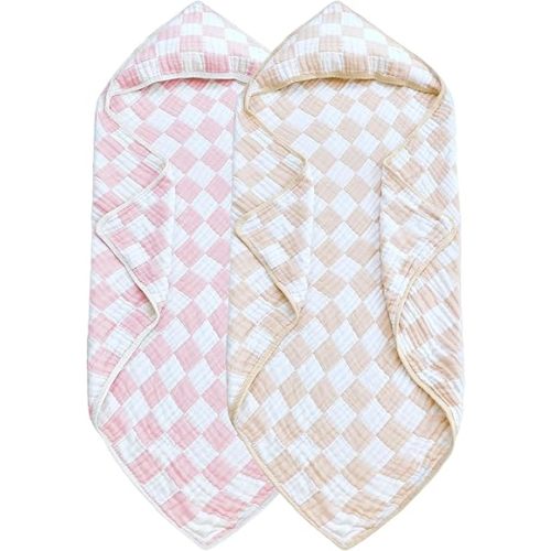 Ultra Soft Checkered Muslin Hooded Baby Towels for Newborn Boys and Girls 2 Pack 32x32 inch Cotton Muslin Baby Bath Towels for Newborns Toddlers,Newborn Essential (Cream and Pink)