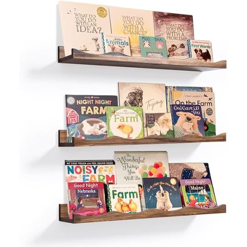Floating Bookshelf for Kids, Floating Shelves for Wall Cloud Picture Ledge Shelf Walnut 23.6 Inches Nursery Book Shelves Set 3, Baby Book Shelf for Kids Room, Toddler Room, Baby Room, Nursery Decor