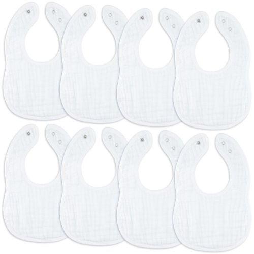 Muslin Cotton Baby Bibs, 8 Pack, Adjustable Size with Easy Snaps, Soft and Super Absorbent, Washable and Reusable By Comfy Cubs - White