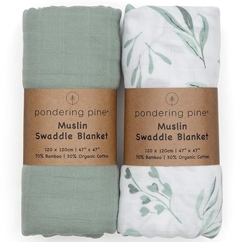 Organic Baby Swaddle Blankets for Boy or Girl - Eucalyptus Leaves and Sage Blanket 2 Pack - Soft Organic Cotton and Natural Bamboo Muslin, XLarge and Breathable, Boho Baby, 47" X 47" - Eucalyptus, Sage