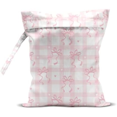 Wet Bag for Swimsuit, Beach Travel Essentials Wet Dry Bag, for Sunscreen Toiletry Dirty Clothes Yoga Gym Diaper, Friends Summer Beach Vacation Gifts. Pink and white checkered bow
